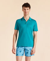 Men Linen Jersey Polo Shirt Solid Fanfare front worn view