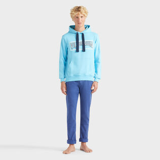 Men Cotton Hoodie Sweatshirt Solid Santorini front worn view