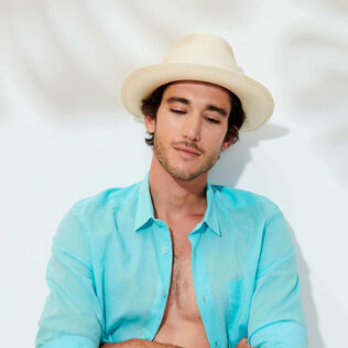 Natural Straw Panama Hat Solid Sand front worn view