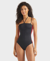 Costume intero donna bicolore da allacciare Nero vista frontale indossata