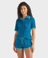 Pantalones cortos de tejido terry con estampado VBQ Line para mujer Peacock vista frontal desgastada