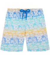 Boys Ultra-Light and Packable Swim Trunks Tahiti Turtles White front view