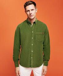 Men Corduroy Shirt Solid Olive front worn view