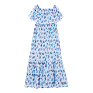 Robe longue en coton col bardot femme Flash Flowers Purple blue vue de dos
