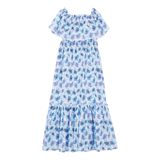 Langes schulterfreies Flash Flowers Kleid aus Baumwolle für Damen Purple blue Rückansicht