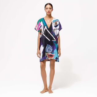 Women Cotton Voile Maxi Dress Envoûtement - Vilebrequin x Deux Femmes Noires Purple blue front worn view