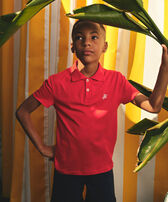 Boys Tencel Polo French History Poppy red front worn view