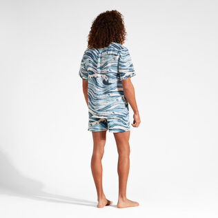 Men Linen Bowling Shirt Wave - Vilebrequin x Maison Kitsuné Blue back worn view