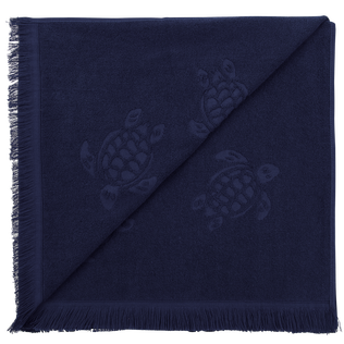 Beach Towel in Organic Cotton Turtles Jacquard Navy back view