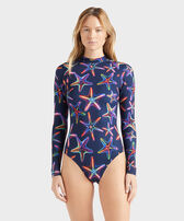 Bañador de una sola pieza con protección solar y estampado Disco Stars para mujer Azul marino vista frontal desgastada