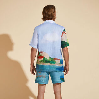 Men Linen Bowling Shirt 360 Landscape - Vilebrequin x Highsnobiety Chambray back worn view