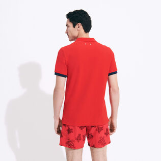 Men Cotton Pique Polo Shirt Solid Poppy red 背面穿戴视图