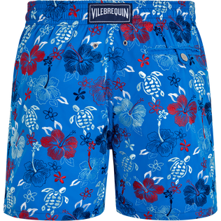 Men Swim Shorts Embroidered Tropical Turtles - Limited Edition Neon blue back view