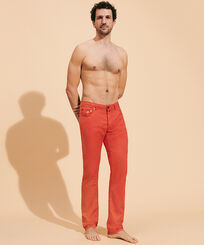 Men Linen Cotton Pants Drill 5-Pockets Solid Tomato front worn view