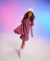 Vestido de algodón orgánico con estampado Turtles Stripes para niña Grosella vista frontal desgastada