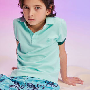 Boys Cotton Pique Polo Shirt Solid Lagoon 正面穿戴视图
