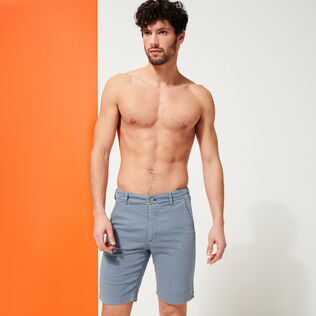 Men Cotton Bermuda Shorts Micro Flower Grey metal front worn view