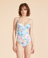 Women One-piece Swimsuit Happy Flowers White front worn view