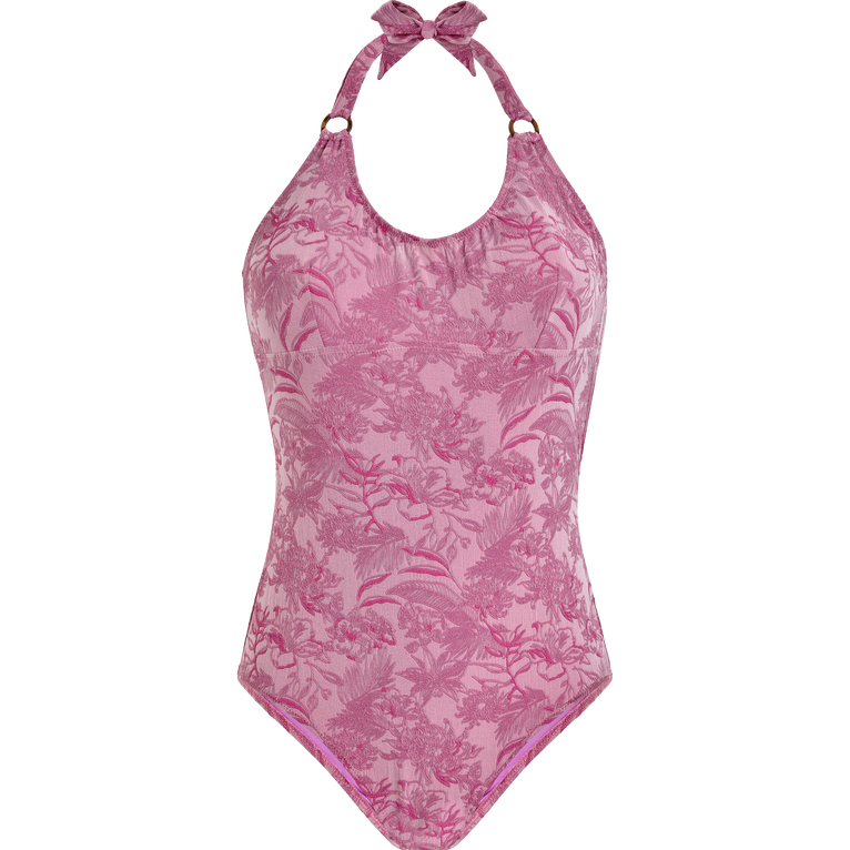 Women Halter One-piece Swimsuit Jacquard Floral - Fire - Pink