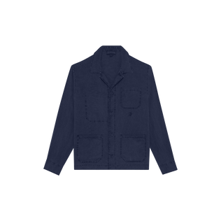 Men Linen Solid Overshirt Navy front view