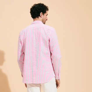 Men Striped Seersucker Shirt Candy pink back worn view