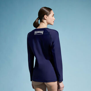 Women Zipper Rashguard Solid Navy back worn view