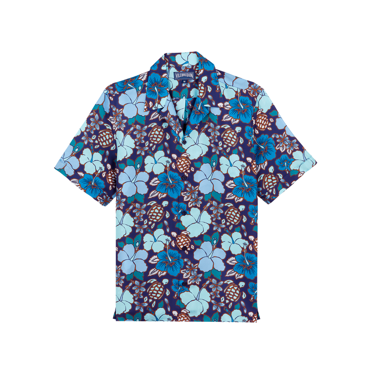 Vilebrequin Men Silk Bowling Shirt Tropical Turtles - Charli - Blue - Size L