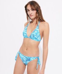 Top de bikini anudado al cuello con estampado Flowers Tie & Dye para mujer Azul marino vista frontal desgastada