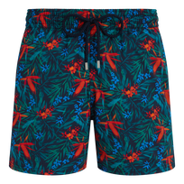Men Stretch Short Swim Trunks Tropical Flowers Navy front view