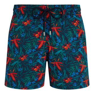 Men Stretch Short Swim Trunks Tropical Flowers Navy front view