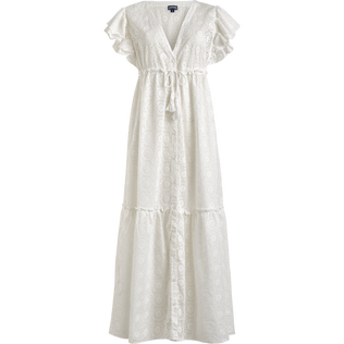 Langes Broderies Anglaises Damenkleid aus Baumwolle Off white Vorderansicht