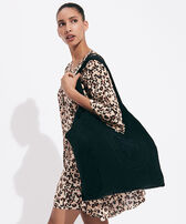 Linen Turtle Unisex Tote Bag Black women front worn view