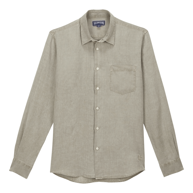 Men Linen Mineral Dye Shirt Solid - Caroubis - Green