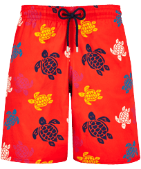 Men Long Swim Shorts Ronde des Tortues Multicolores Poppy red front view