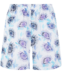 Women Linen Bermuda Flash Flowers Purple blue front view