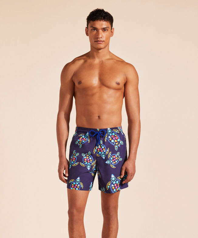 Men Stretch Short Swim Trunks Flat Belt Tropical Turtles