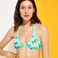 Women Rounded Printed - Women Rounded Neckline Bikini Top Butterflies, Lagoon front worn view