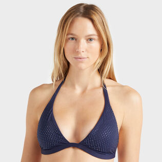 Top de bikini anudado alrededor del cuello con strass para mujer Azul marino detalles vista 2