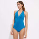 Costume intero donna all'americana in jacquard Plumes Calanque vista frontale indossata