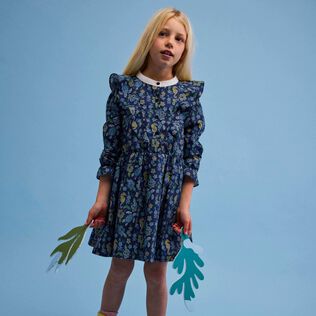 Girls Ruffle Dress Mosaïque Navy front worn view
