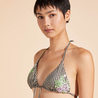Top de bikini de triángulo con estampado Pocket Check y flores bordadas para mujer Bronce detalles vista 2