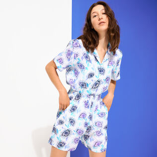 Women Linen Short Sleeves Shirt Flash Flowers Purple blue details view 3
