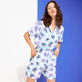 Women Linen Short Sleeves Shirt Flash Flowers Purple blue details view 3