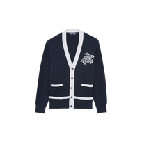 Men Cotton Cardigan Turtle Jacquard Bicolor Navy front view