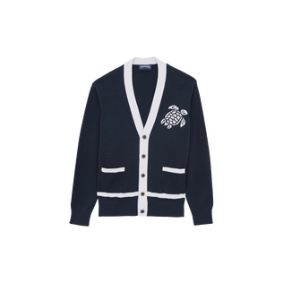 Men Cotton Cardigan Turtle Jacquard Bicolor Navy front view