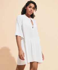 Women Plumetis Short Dress Chalk front worn view