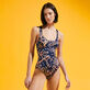 Bañador de una sola pieza con estampado Sweet Blossom para mujer Azul marino vista frontal desgastada