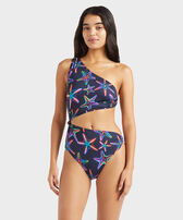 Women Assymetric Bikini One-piece Swimsuit Disco Stars Navy front worn view