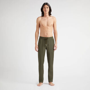 Men Merino Wool Pants Solid Olive heather front worn view