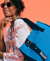 Bolsa de playa pequeña de algodón con estampado liso Calanque mujeres vista frontal desgastada